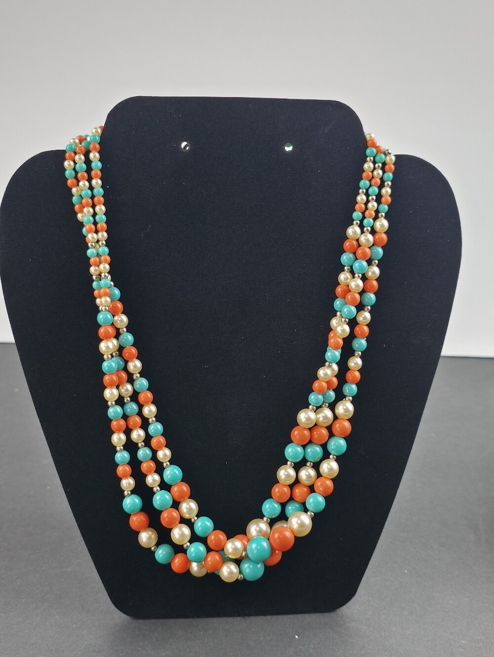 Vintage 3 Strand Beaded Necklace Turquoise Coral Orange Faux Pearl Retro